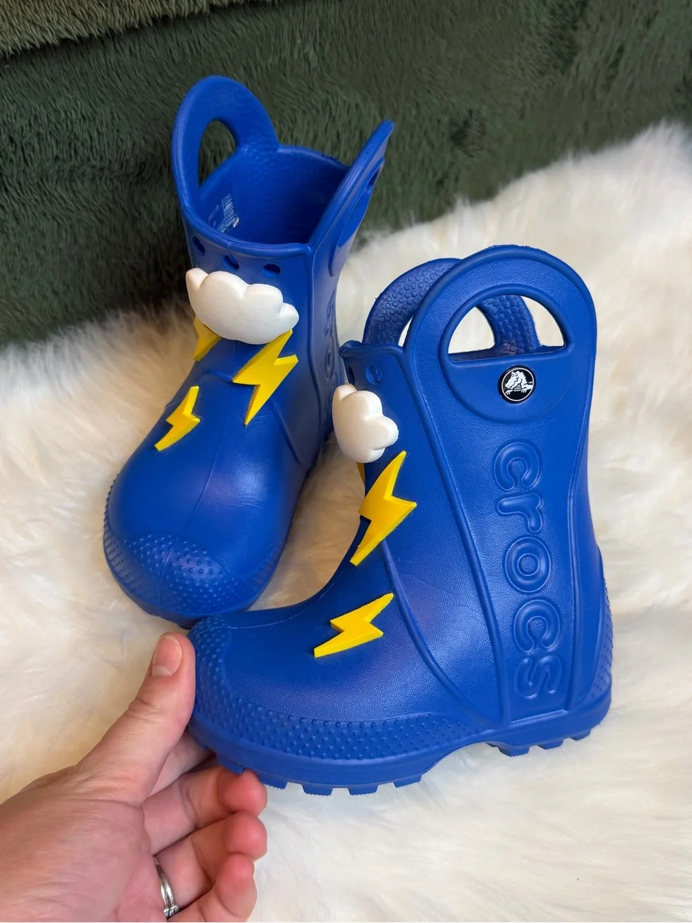 NEW Crocs Handle It Blue Cloud & Lightening Toddler Rainboots Size 6c